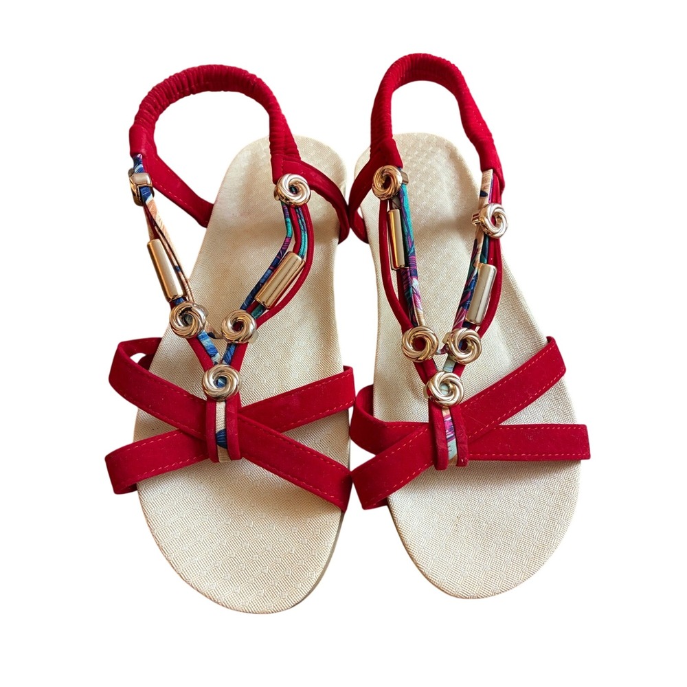 Vintage Red Slingback Flat Sandals Gold Hardware Boho Comfort Strappy Size 40